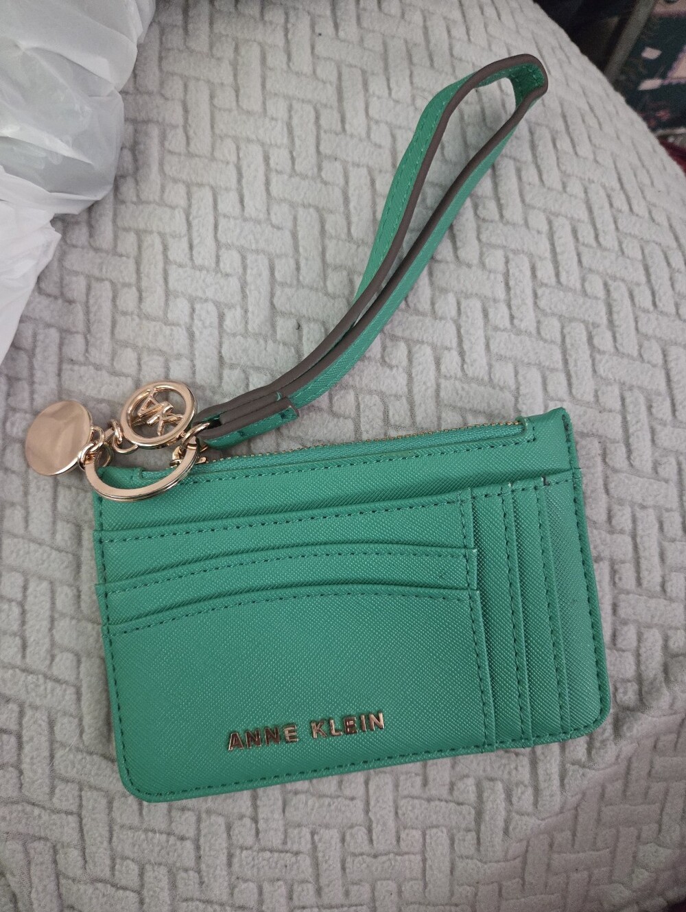 Anne Klein Green Wristlet Card Holder with Gold Hardware